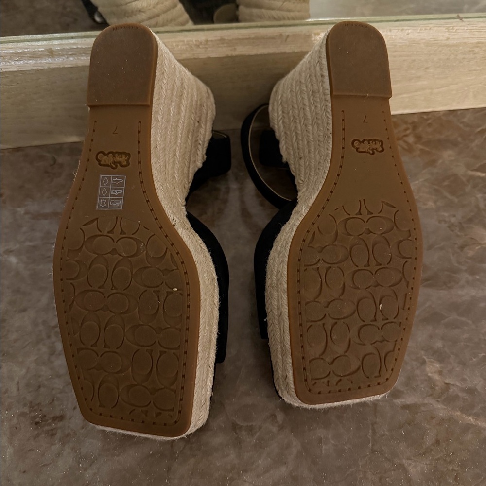 COACH Black Suede Espadrille Wedge Sandal Women's Size US 7 Gold Coach Logo - Picture 4 of 6